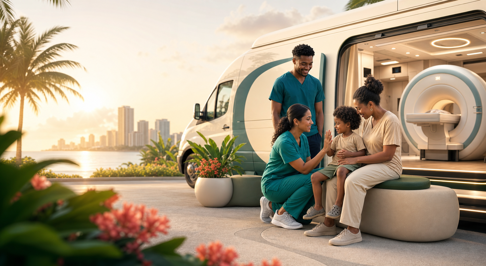 Mobile diagnostic imaging care being provided to a family in a warm South Florida setting